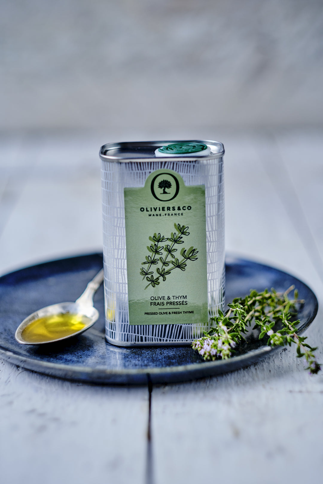 Freshly squeezed olives and thyme