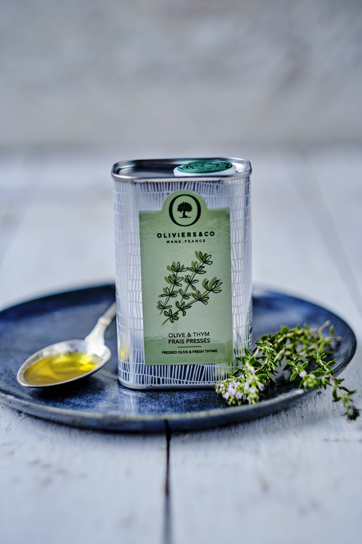 Freshly squeezed olives and thyme