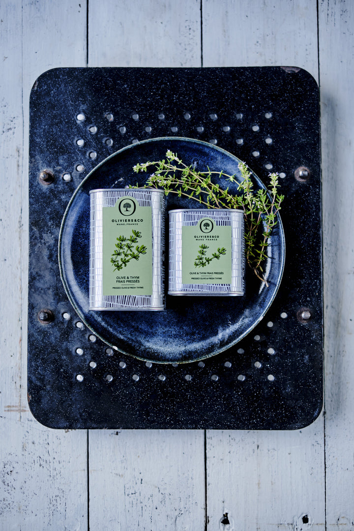 Freshly squeezed olives and thyme