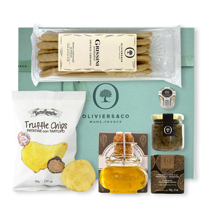 Produkt | Dárkova Krabicá s lanýžovými specialitami Oliviers&Co, ideální jako vánoční dárek, elegantně zabalený s oleji a delikatesami s lanýži | Oliviersandco CZ
