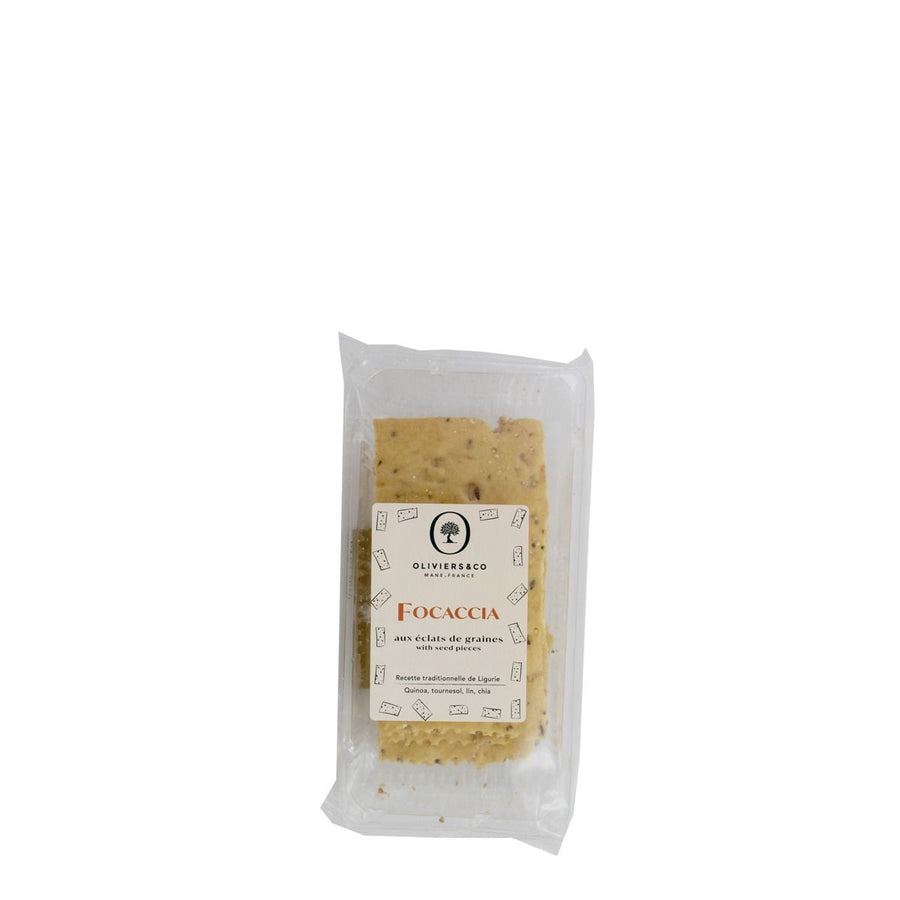 100g foccacia s kousky semen značky Oliviers&Co, aperitivní sušenky vyrobené v Itálii