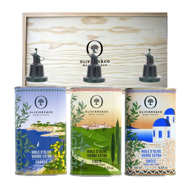 gourmet Dárková krabička 3 extra panenský olivovy oleje od Italie řecko a Francie - Oliviers&co